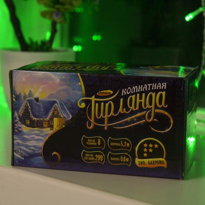 Гирлянда "Бахрома" УМС вилка, Ш:5,2 м, В:0,6 м, Н.С. LED-299-220V, контр. 8 р. ЗЕЛЕНЫЙ