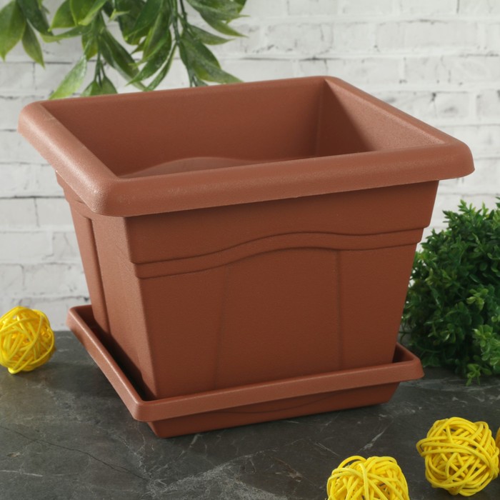 Горшок "Квадро" с поддоном 1,48 л 16х16 см, цвет терракотовый