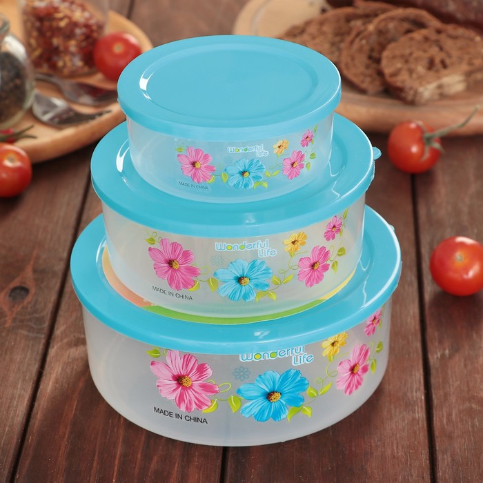 Набор пищевых контейнеров с крышками "Свежесть", 3 шт: 10х4 см, 13х5 см, 15х6 см, цвет МИКС