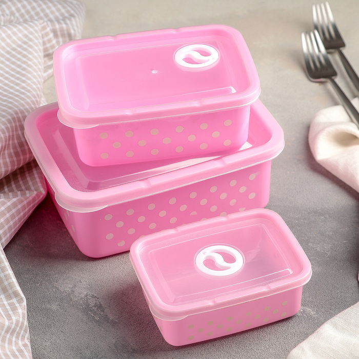 Набор пищевых контейнеров с крышками "Горошек", 3 шт: 16х12 см (350 мл), 12х9 см (200 мл), 19х14 см (600 мл), цвет МИКС