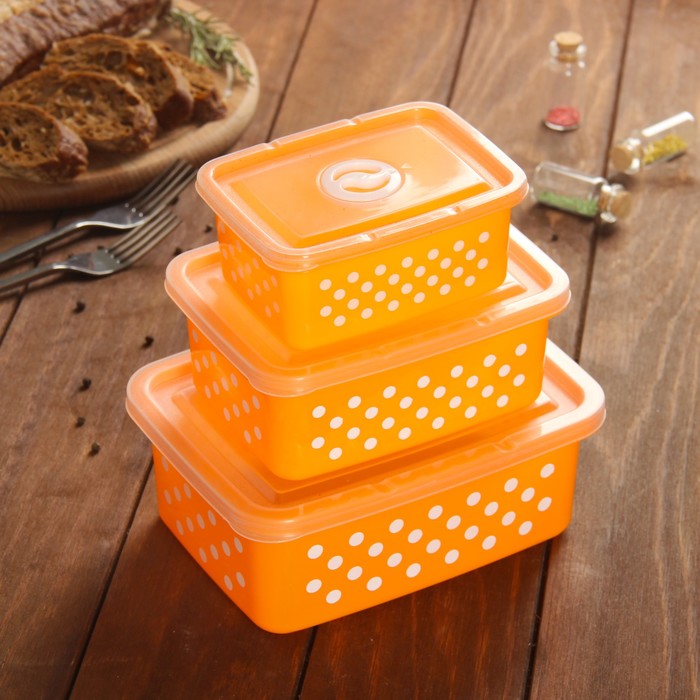 Набор пищевых контейнеров с крышками "Горошек", 3 шт: 16х12 см (350 мл), 12х9 см (200 мл), 19х14 см (600 мл), цвет МИКС