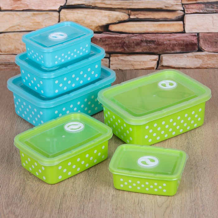 Набор пищевых контейнеров с крышками "Горошек", 3 шт: 16х12 см (350 мл), 12х9 см (200 мл), 19х14 см (600 мл), цвет МИКС