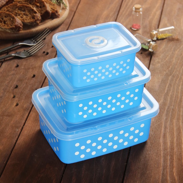 Набор пищевых контейнеров с крышками "Горошек", 3 шт: 16х12 см (350 мл), 12х9 см (200 мл), 19х14 см (600 мл), цвет МИКС