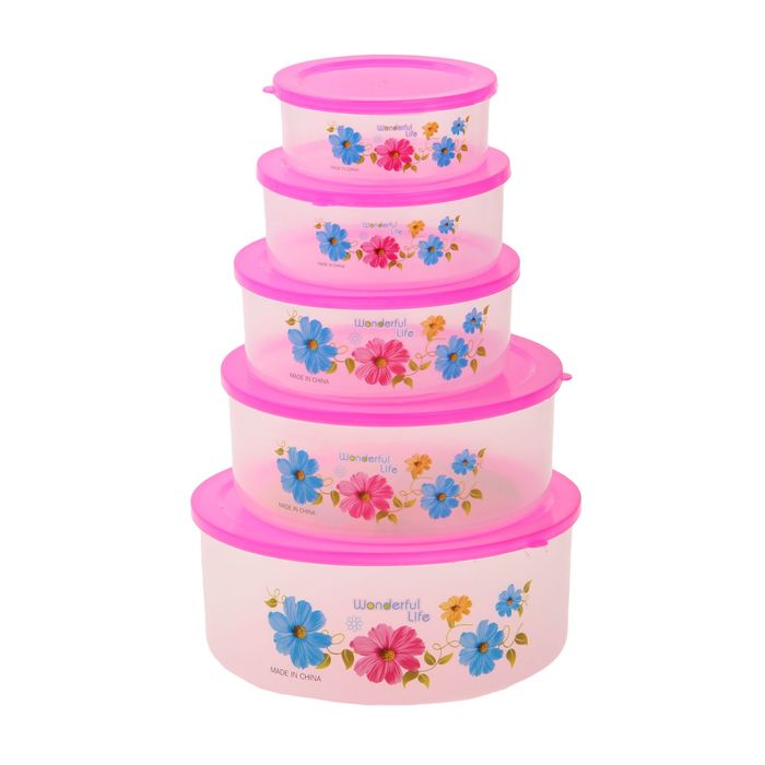 Набор пищевых контейнеров с крышками "Свежесть", 5 шт: 10х4 см, 11х4 см, 13х5 см, 15х6 см, 18х7 см, цвет МИКС