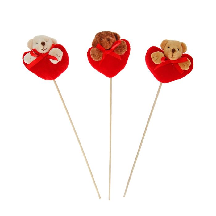 Сердце на палочке "Мишка" с бантиком, цвета МИКС