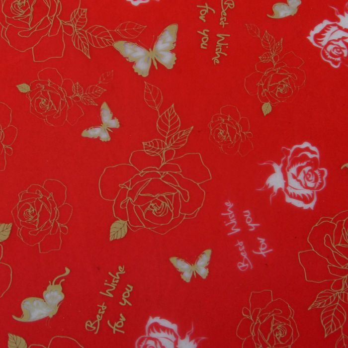 Пленка для цветов "Розы с бабочками", красный, 60 х 60 см