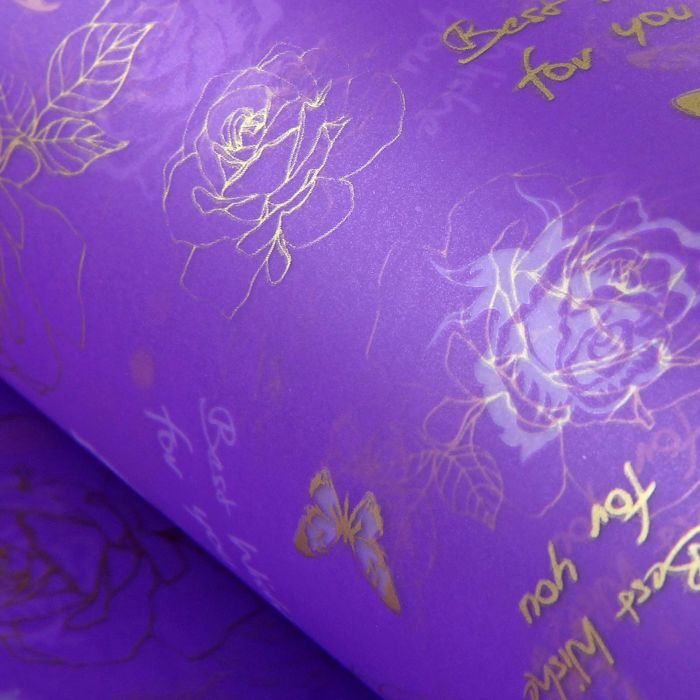 Пленка для цветов "Розы с бабочками", фиолетовый, 60 х 60 см