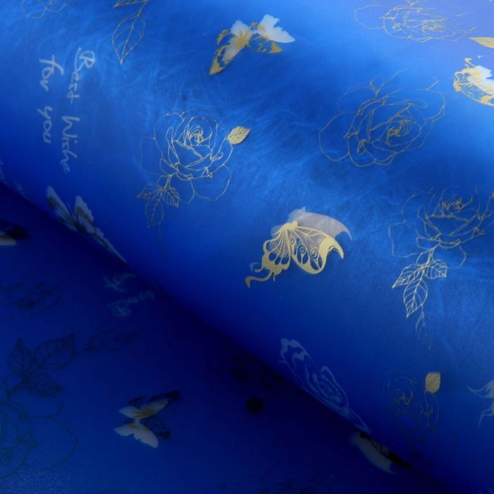 Пленка для цветов "Розы с бабочками", синий, 60 х 60 см