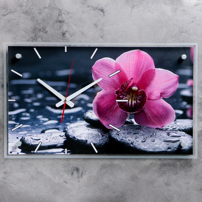 Часы настенные прямоугольные "Красная орхидея на камнях", 36х60 см микс