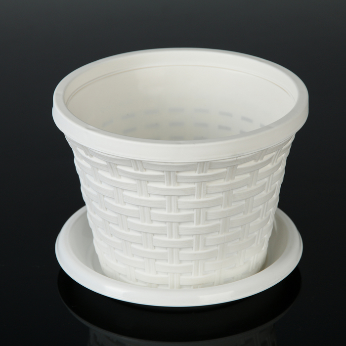 Кашпо круглое 2,2 л "Ротанг", с поддоном, цвет белый