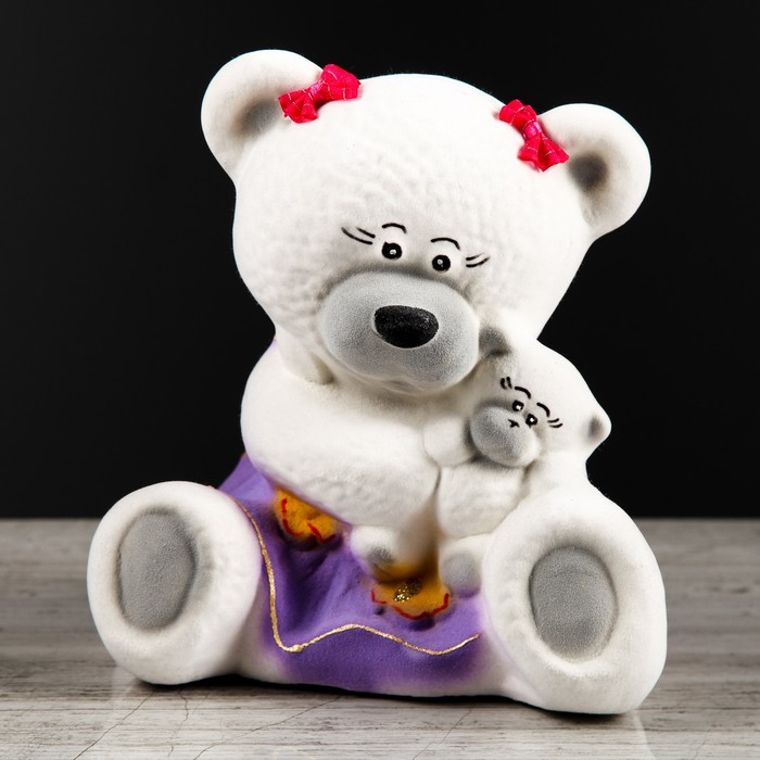 Копилка "Медведица с малышом" малая, флок, белая