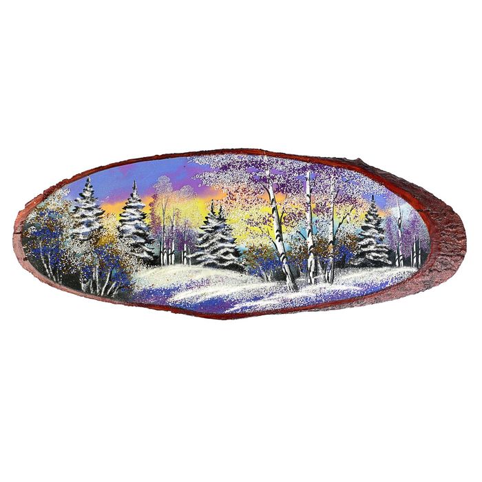 Картина "Зима" на срезе дерева, каменная крошка