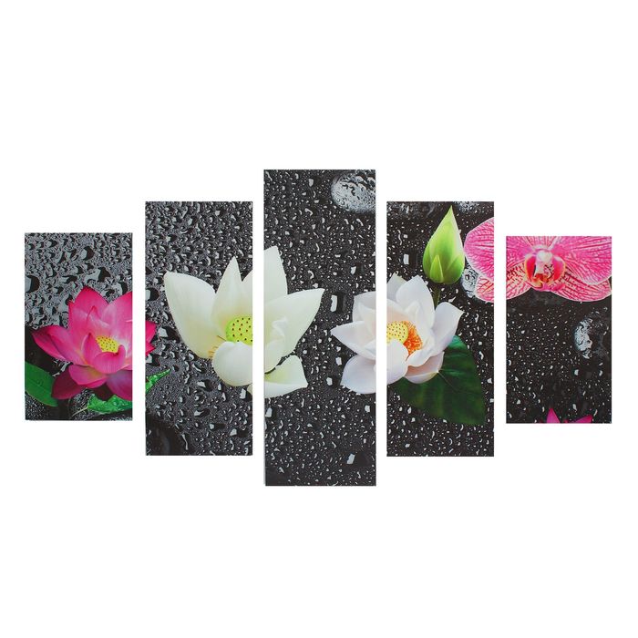 Модульная картина на подрамнике "Круг орхидей", 2 — 43×25, 2 — 58×25, 1 — 72×25 см, 75×135 см