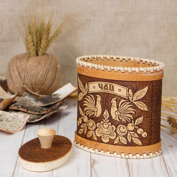 Туес овал специи «Птицы», чай, 15х9х14 см, береста