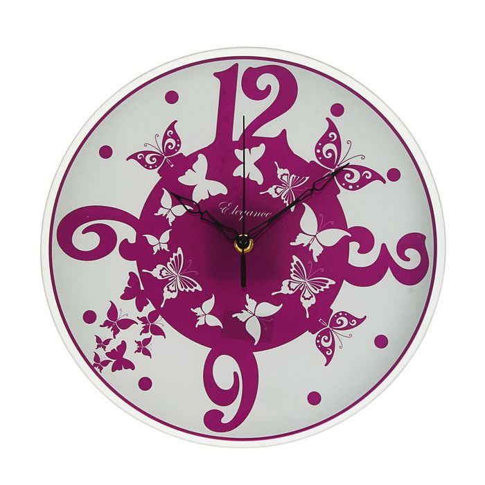 Часы настенные круглые "Фиолетовые бабочки", стекло, 30х30 см