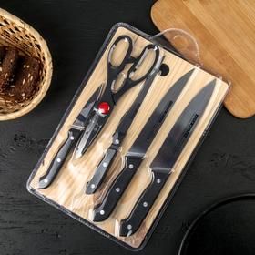Набор кухонный, 6 предметов: 4 ножа 8 см, 13 см, 16 см, 16 см, ножницы, доска 28×18 см от Сима-ленд