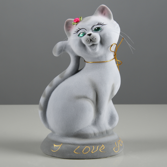 Копилка "Кошка Соня" флок, серая, красный страз