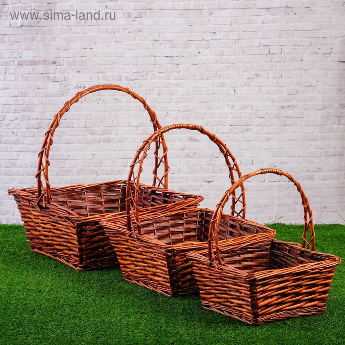 фото Набор корзин плетёных, ива, 3 шт., коричневые, прямоугольные, большие