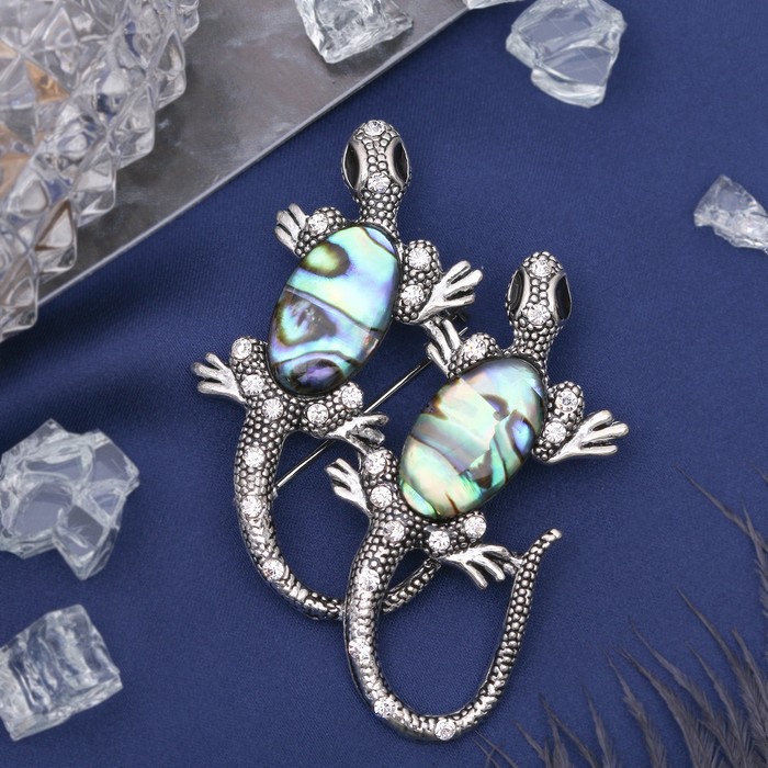 Брошь "Галиотис" две ящерицы, цвет зелёный