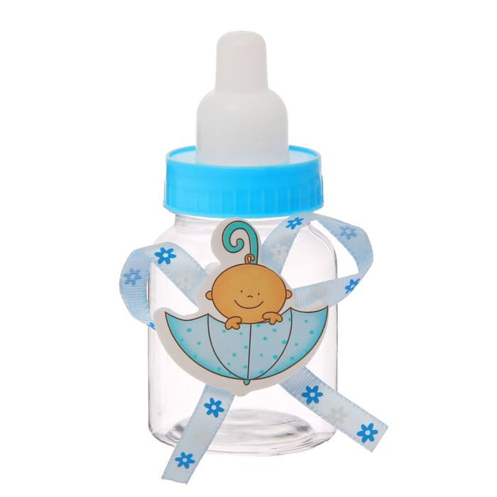 Бонбоньерка "Бутылочка"с малышом в зонтике, цвет голубой