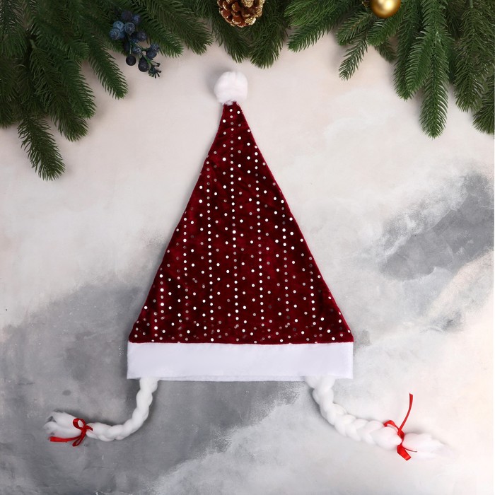 Новогодний колпак с косами "Блёстка" красный
