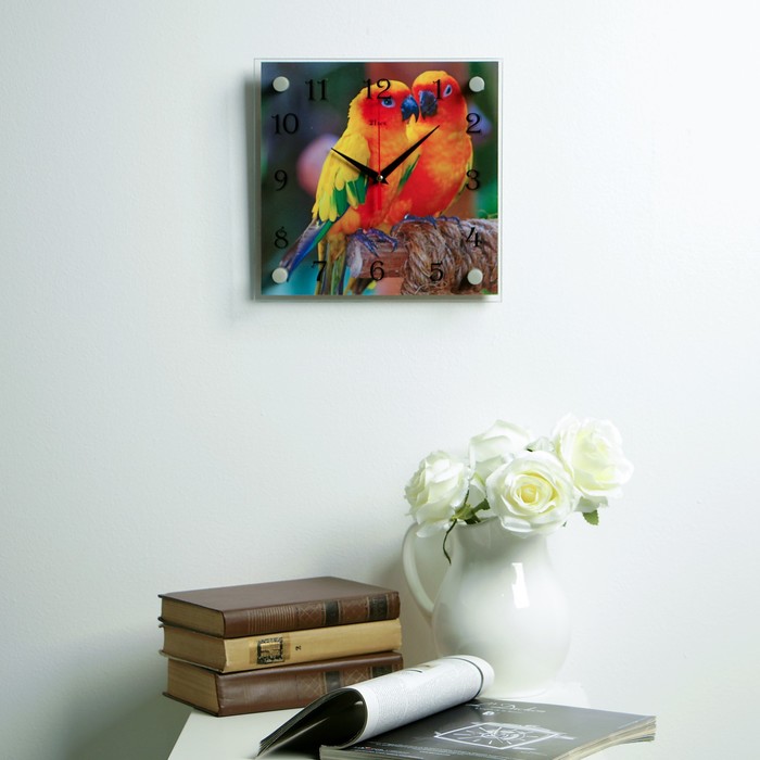Часы настенные квадратные "Попугаи", 25х25 см микс