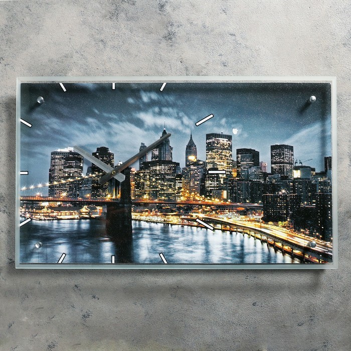 Часы настенные, серия: Город, "Бруклинский Мост. Ночной Нью-Йорк", 35х60 см