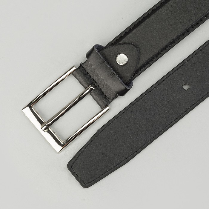 Ремень мужской, 2 строчки, винт, пряжка под серебро, гладкий, ширина 3,5см, цвет чёрный