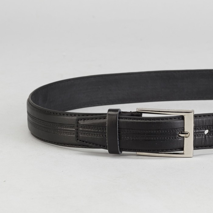 Ремень мужской, 2 полоски, 2 строчки, винт, пряжка под серебро, ширина 3,5см, цвет чёрный