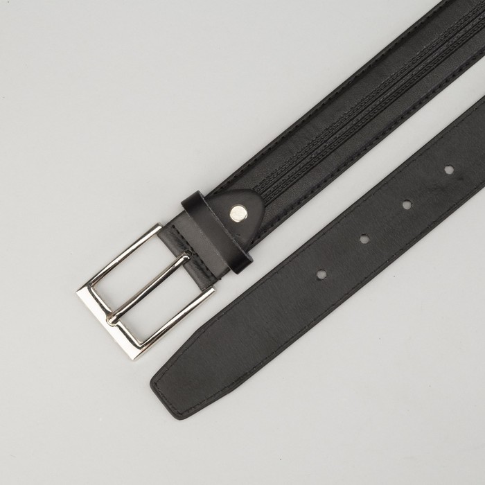 Ремень мужской, 2 полоски, 2 строчки, винт, пряжка под серебро, ширина 3,5см, цвет чёрный