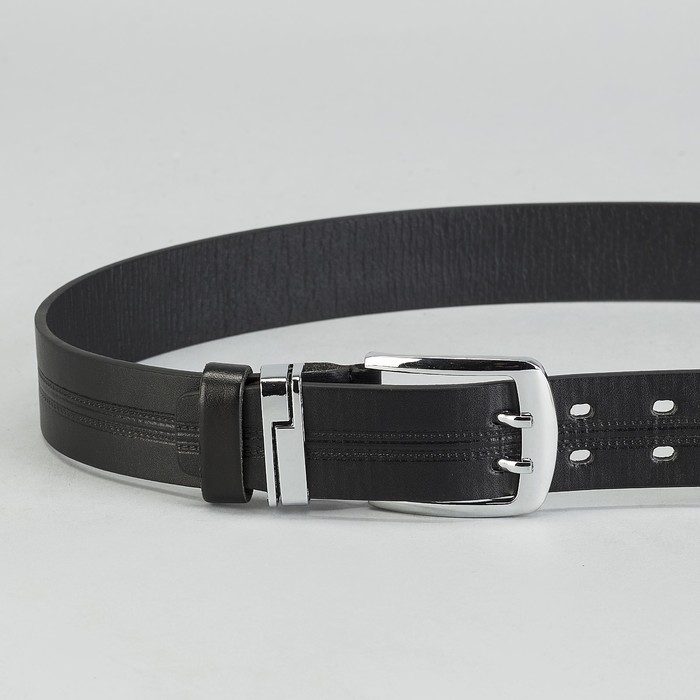 Ремень мужской, на 2 прокола, полоски, 2 строчки, винт, пряжка под серебро МИКС, ширина 4см, цвет чёрный