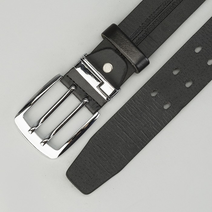Ремень мужской, на 2 прокола, полоски, 2 строчки, винт, пряжка под серебро МИКС, ширина 4см, цвет чёрный