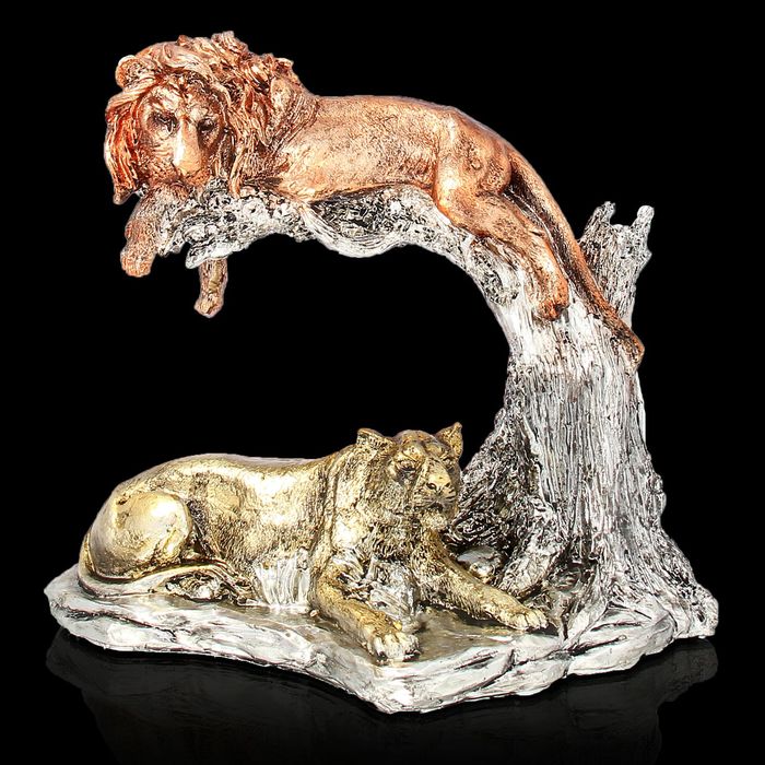 Сувенир "Лев с львицей", цвет бронза-серебро