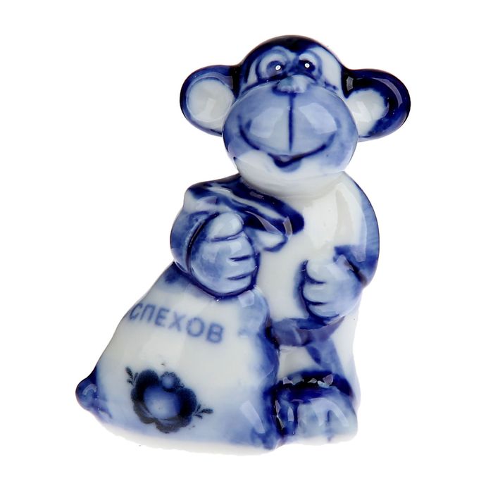 Сувенир под гжель "Мартышка с мешком и пожеланием успехов"