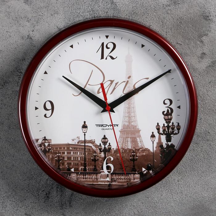 фото Часы настенные, серия: город, "париж", бордовый обод, 23х23 см тройка