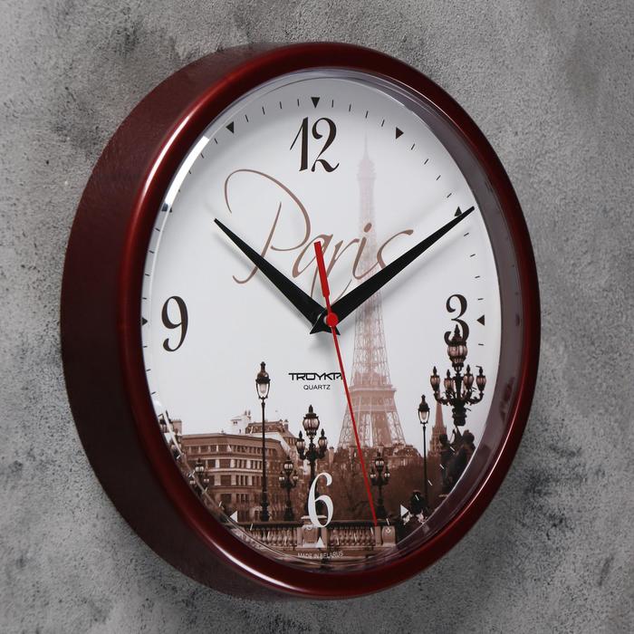 фото Часы настенные, серия: город, "париж", d=23 см, бордовый обод тройка