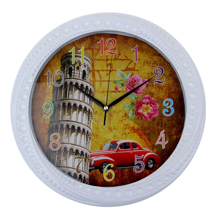 Часы настенные круглые "Авто у Пизанской башни", d=35 см, рама белая