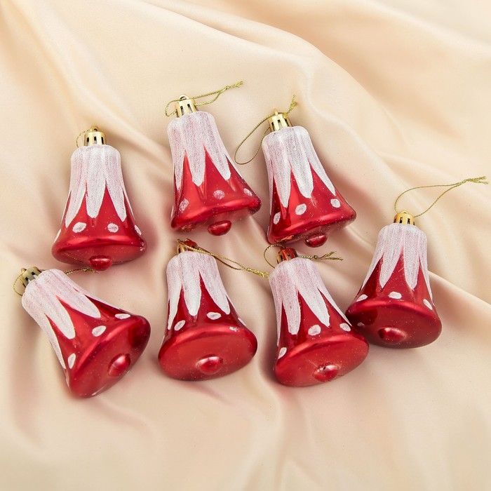 Ёлочные игрушки "Колокольчики со снежными шапками" красные (набор 7 шт.)