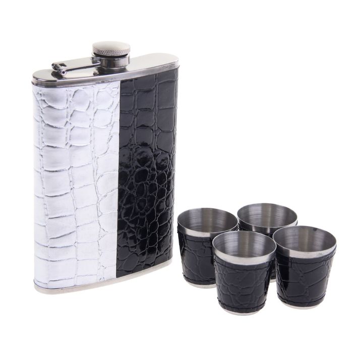 Подарочный набор 5 в 1 "Инь и Ян": фляжка 270 мл + 4 рюмки в коже