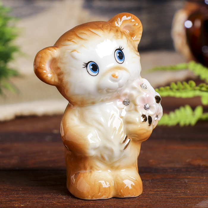 Сувенир "Медвежонок с букетиком" со стразами, коричневый