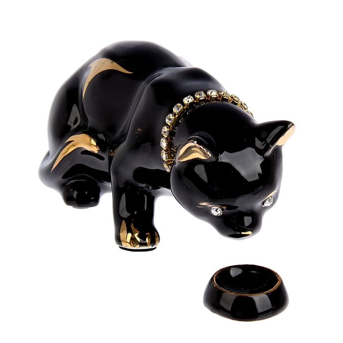 Сувенир "Кошка с миской" черный, со стразами