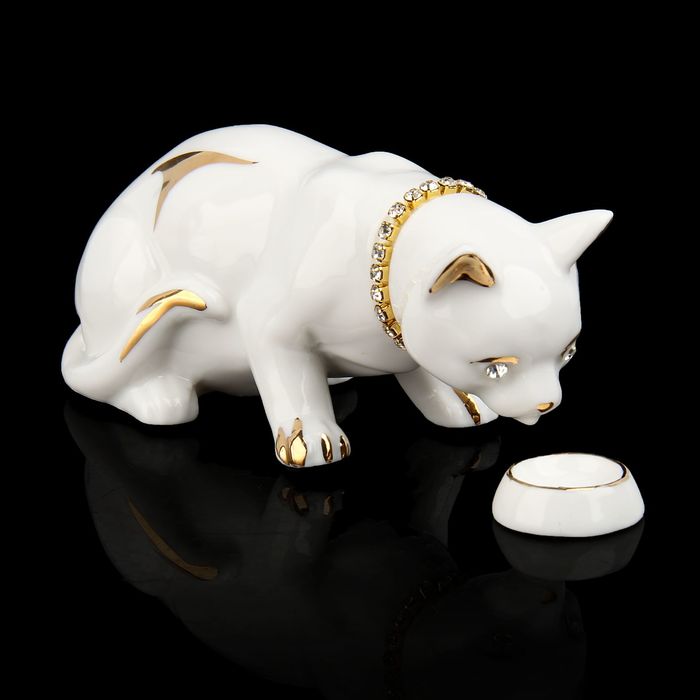 Сувенир «Кошка с миской», белый, со стразами