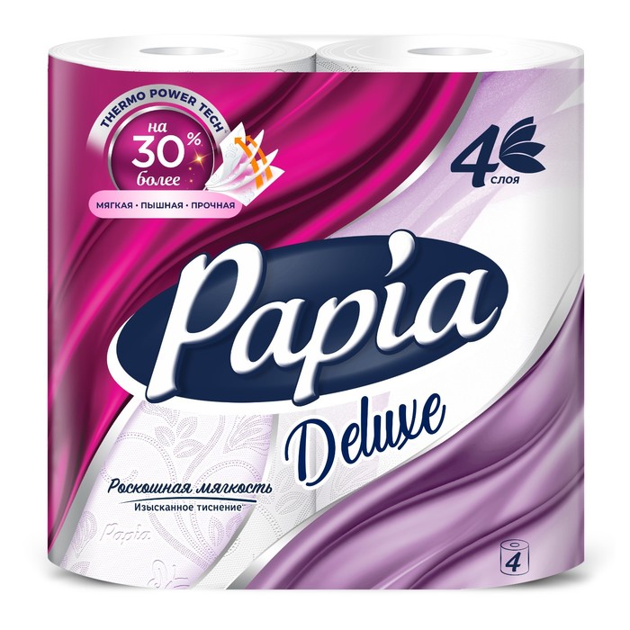 Туалетная бумага PAPIA DELUXE Белая, 4 слоя, 4 рулона туалетная бумага hayat papia клубничная мечта 3 слоя 4 рулона 5031376