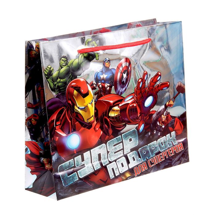 Пакет голография горизонтальный "Суперподарок для супергероя", Мстители, 23 х 27 см