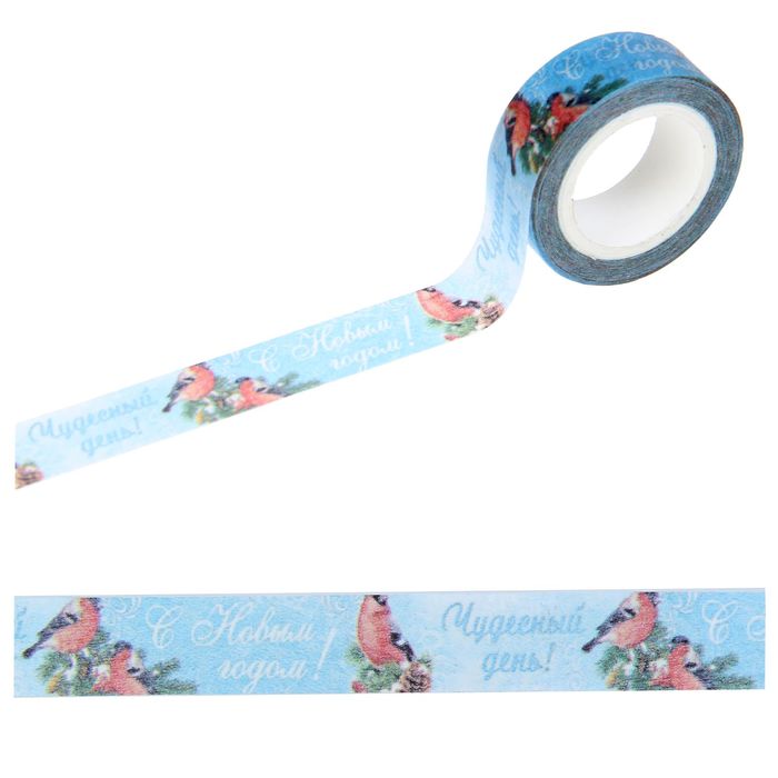 Клейкая лента декоративная «Снегири», 1,5 см × 10 м