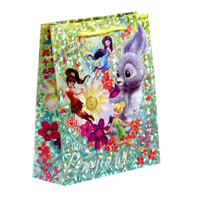Пакет голография вертикальный "С Днем Рождения!", Феи, 18 x 23 см