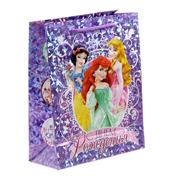 Пакет голография вертикальный "С днем рождения!", Принцессы, 18 x 23 см