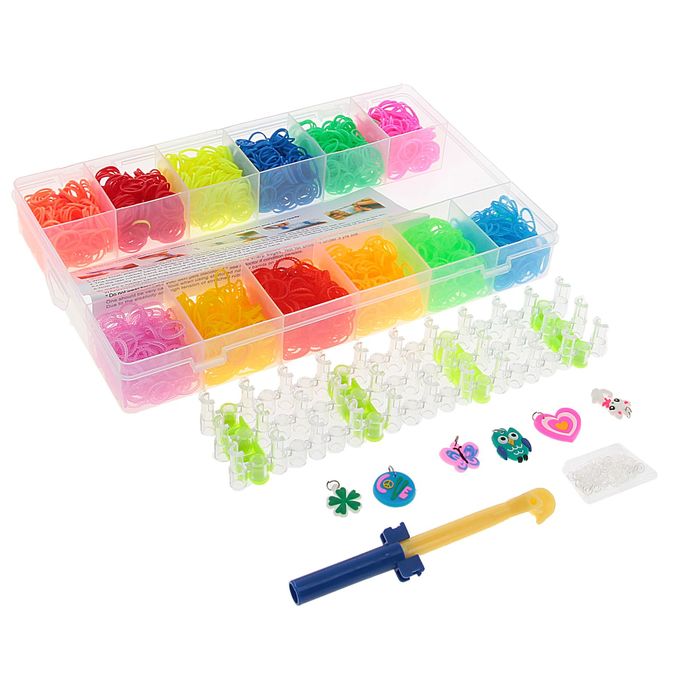 Резиночки для плетения, набор из 6 однотонных и 6 ребристых видов резинок по 300 шт., станок, пяльцы, крючок, крепления, 6 подвесок