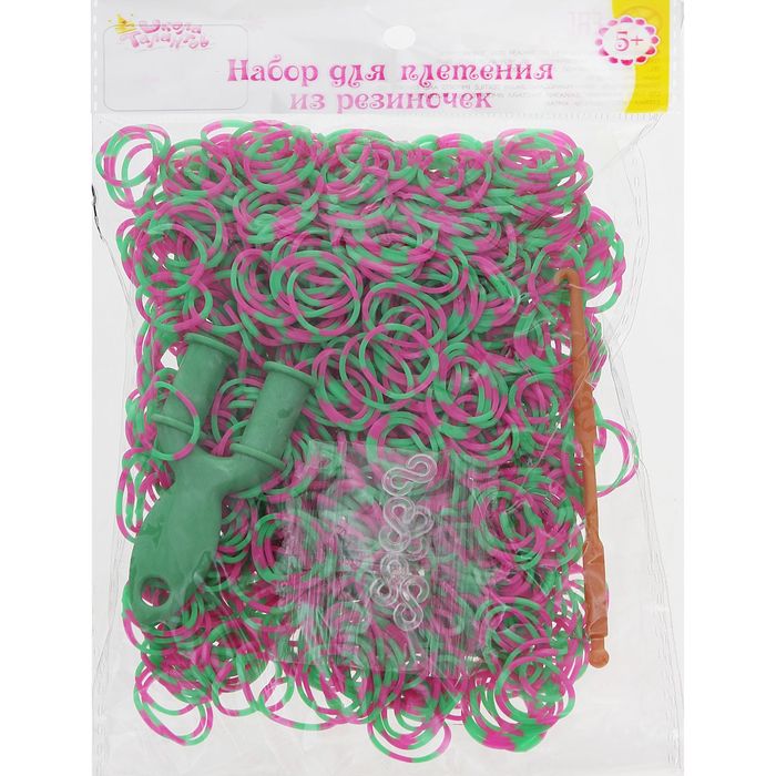 Резиночки для плетения розово-зелёные, набор 1000 шт., крючок, крепления, пяльцы