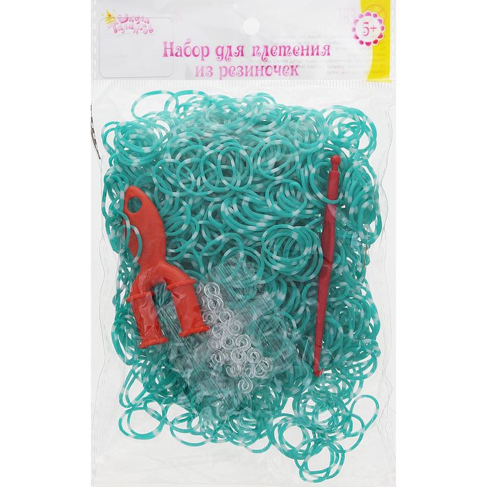 Резиночки для плетения бело-бирюзовые, набор 1000 шт, крючок, крепления, пяльцы